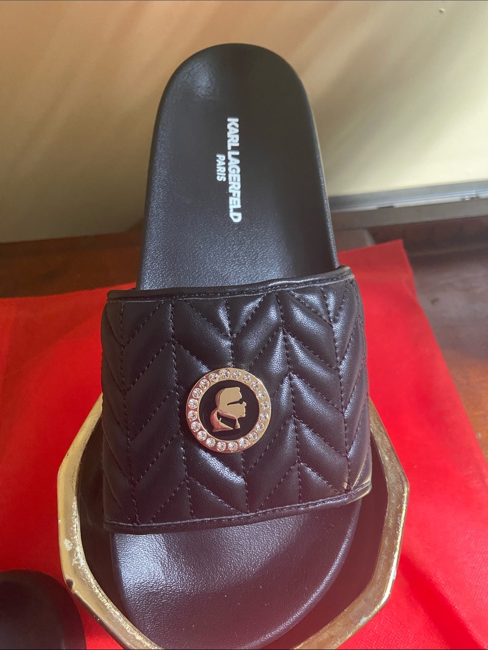 Karl Lagerfeld Black Quilted Slide Sandals with Gold Logo Medallions - Picture 2 of 4